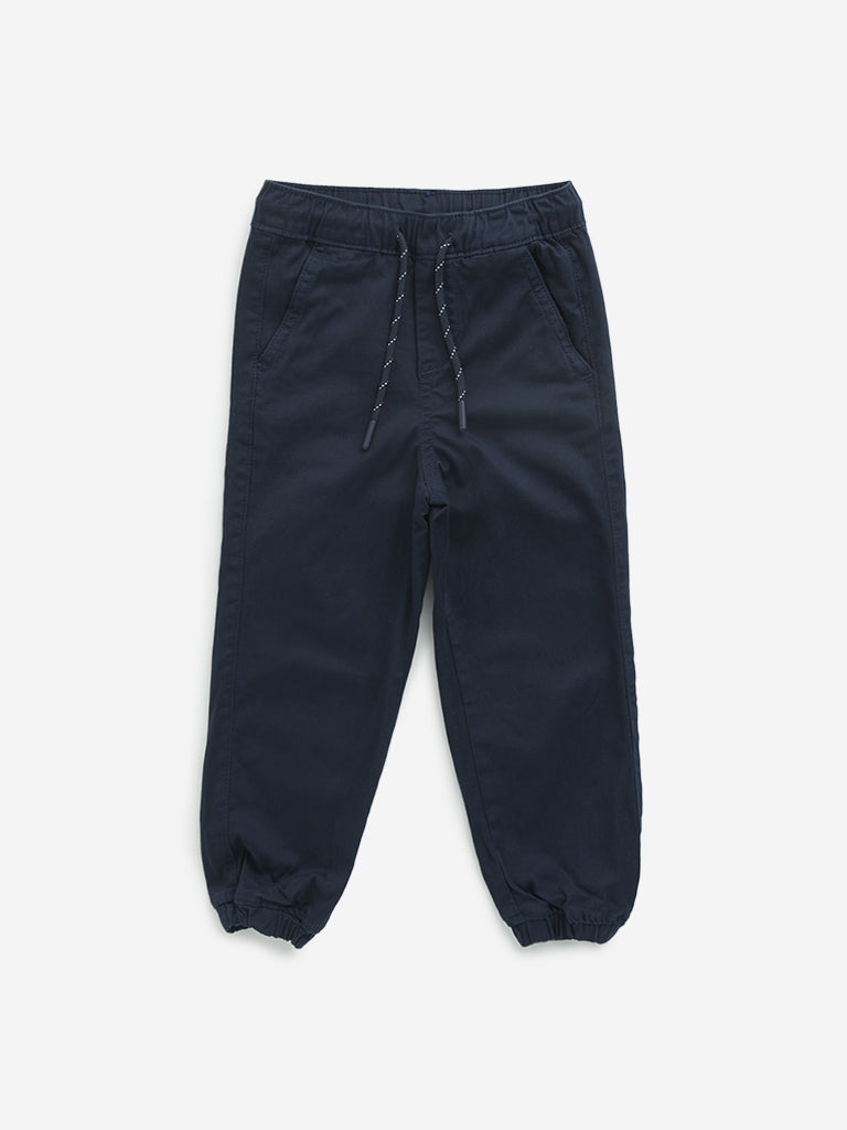 HOP Kids Navy Solid Mid-Rise Cotton Blend Joggers