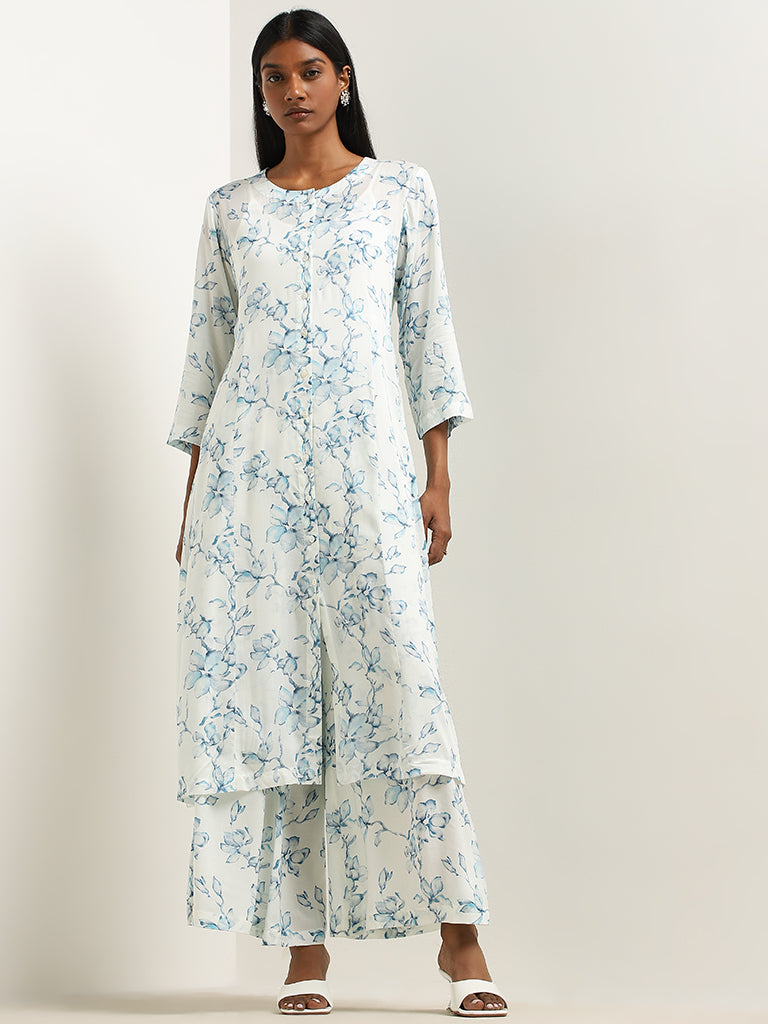 Zuba Light Blue Floral Design A-Line Kurta