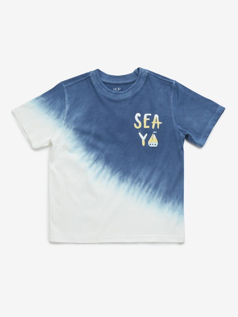 HOP Kids Blue Tie-Dye Printed Cotton T-Shirt