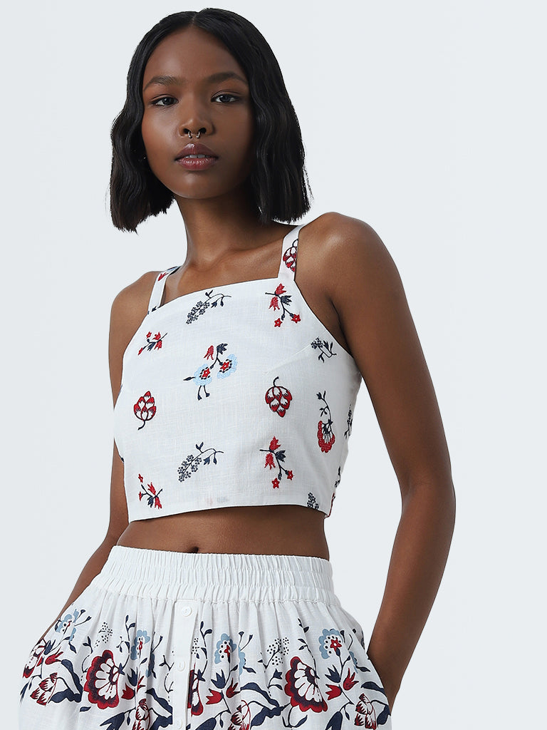 Bombay Paisley White Floral Embroidered Cotton Crop Top