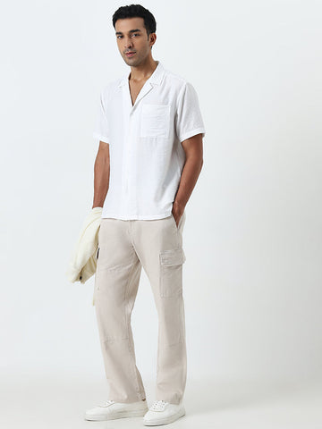 WES Casuals Light Beige Cargo-Style Relaxed-Fit Mid-Rise Cotton Blend Chinos