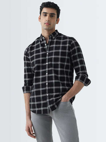 WES Casuals Black Checkered Slim-Fit Cotton Shirt