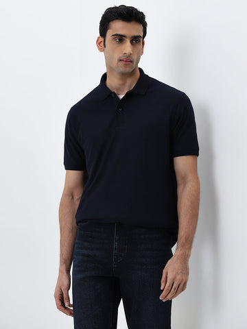 WES Casuals Navy Solid Relaxed-Fit Polo T-Shirt