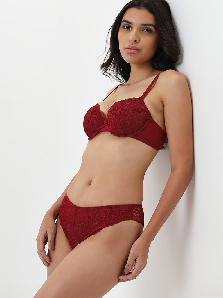 Wunderlove Dark Red Lace Detailed Brazilian Brief