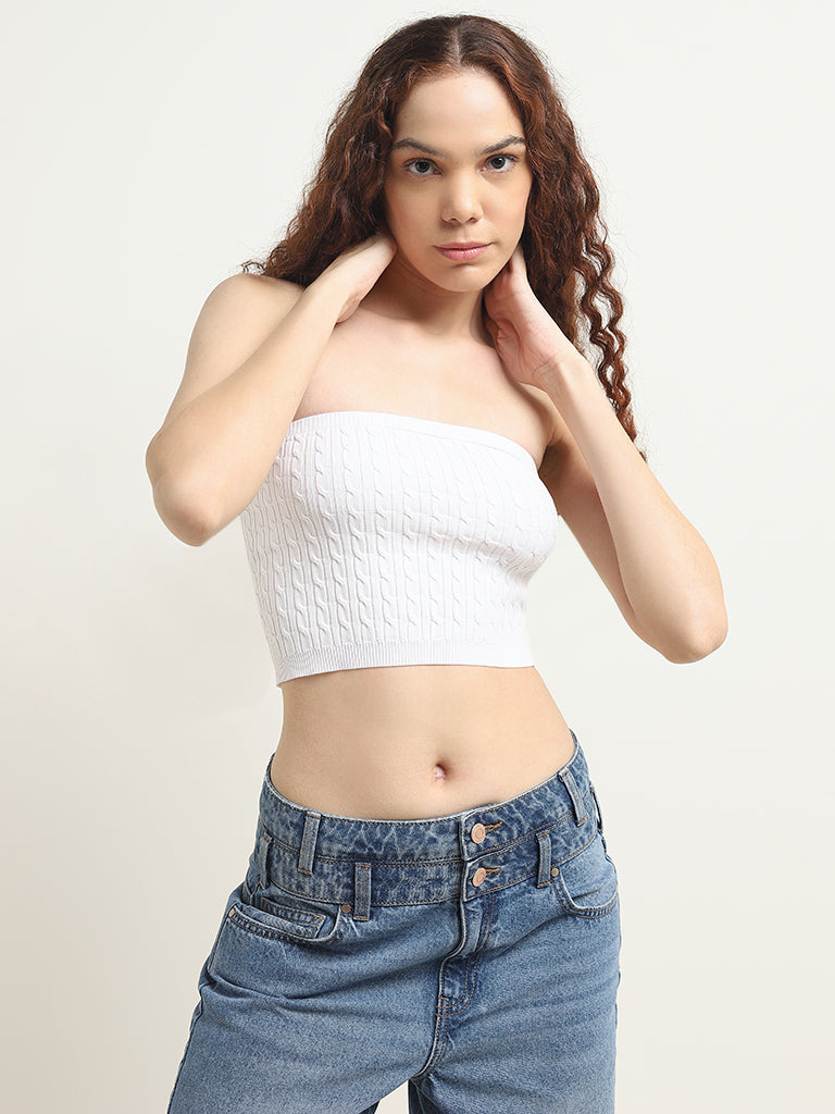 Nuon White Knit-Textured Cotton Blend Tube Top