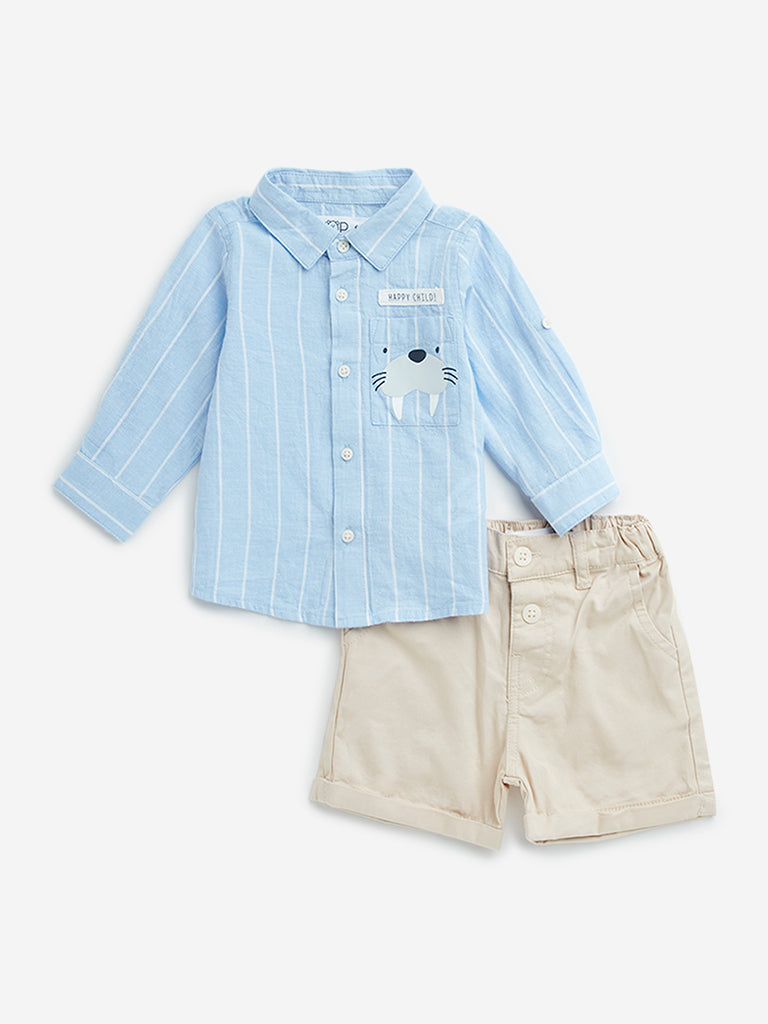 HOP Baby Blue Striped Cotton Blend Shirt with Shorts Set