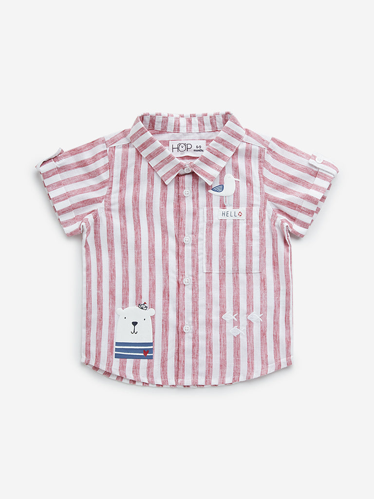 HOP Baby Red Striped Animal Embossed Cotton Shirt