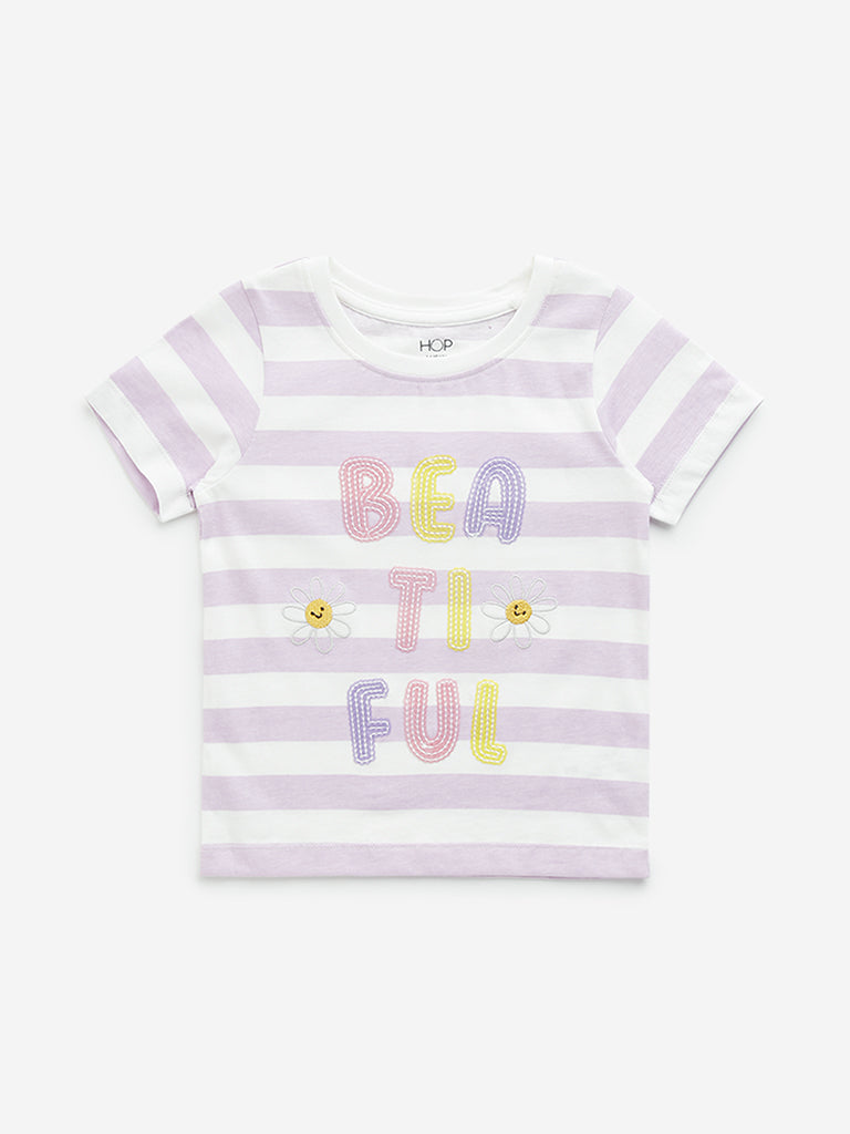 HOP Kids Lilac Stripe Printed Cotton T-Shirt