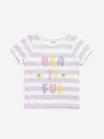 HOP Kids Lilac Stripe Printed Cotton T-Shirt