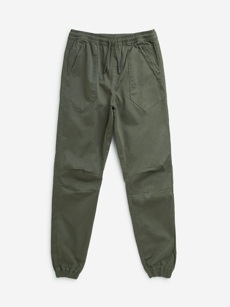 Y&F Kids Olive Solid Mid-Rise Cotton Blend Joggers