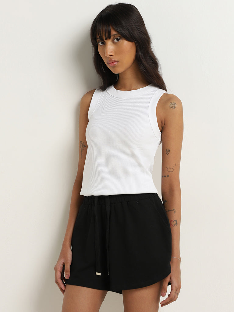 Superstar White Ribbed Cotton Blend Tank Top