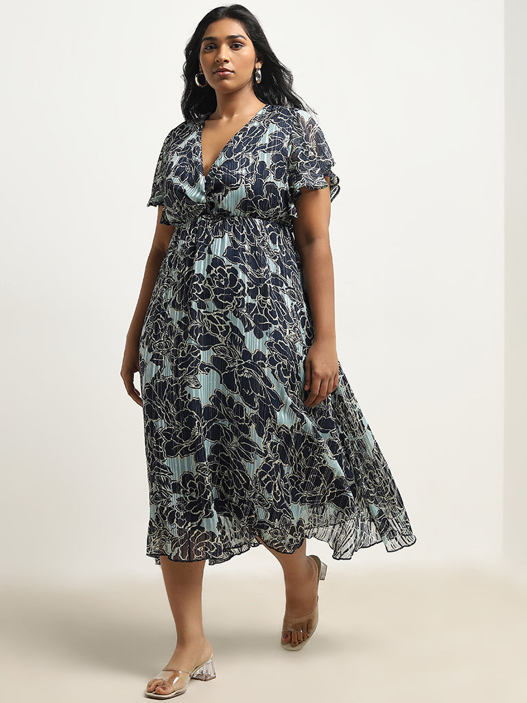 Gia Teal Floral Printed A-Line Dress