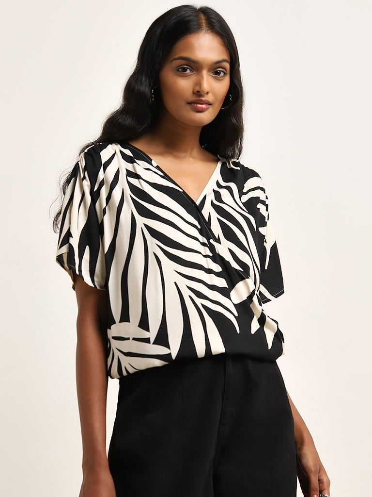 LOV Black Leaf Patterned Wrap-Over Top