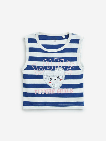 HOP Kids Blue Stripe Printed Cotton Blend T-Shirt