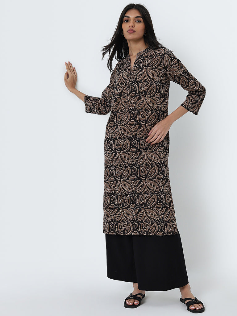 Utsa Brown Leaf Printed Straight Cotton Kurta