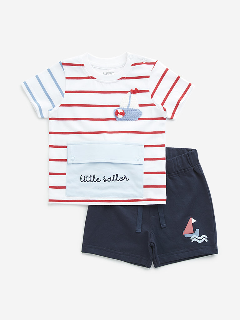 HOP Baby Multicolour Striped Cotton T-Shirt and Shorts Set