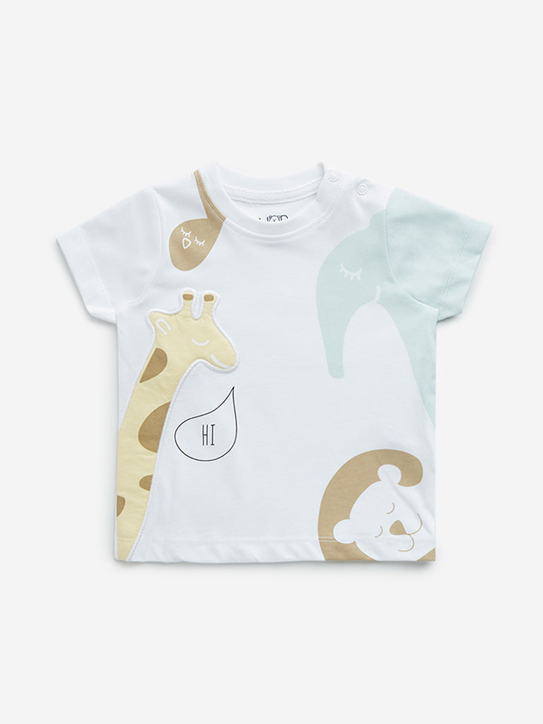 HOP Baby White Animal Printed Cotton T-Shirt