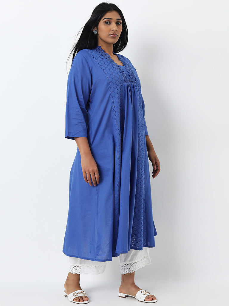 Diza Blue Schiffli Design A-Line Cotton Kurta