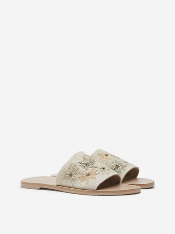 LUNA BLU Beige Floral Embroidered Slides