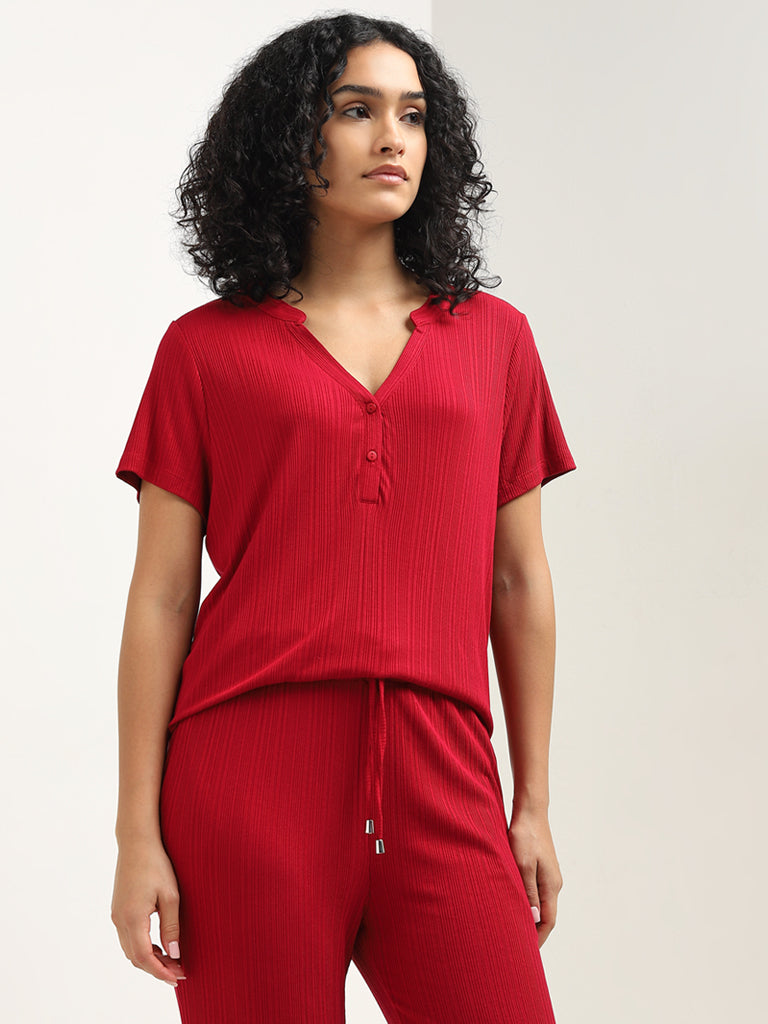 Wunderlove Red Ribbed-Textured Henley Top