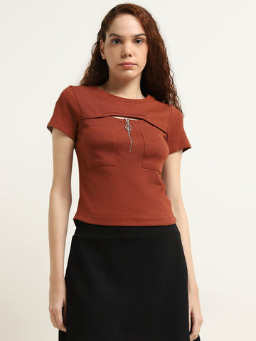 Studiofit Rust Ribbed Textured Cut-Out Cotton Blend Top