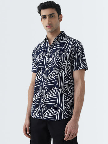 WES Casuals Navy Leaf Design Slim-Fit Cotton Shirt