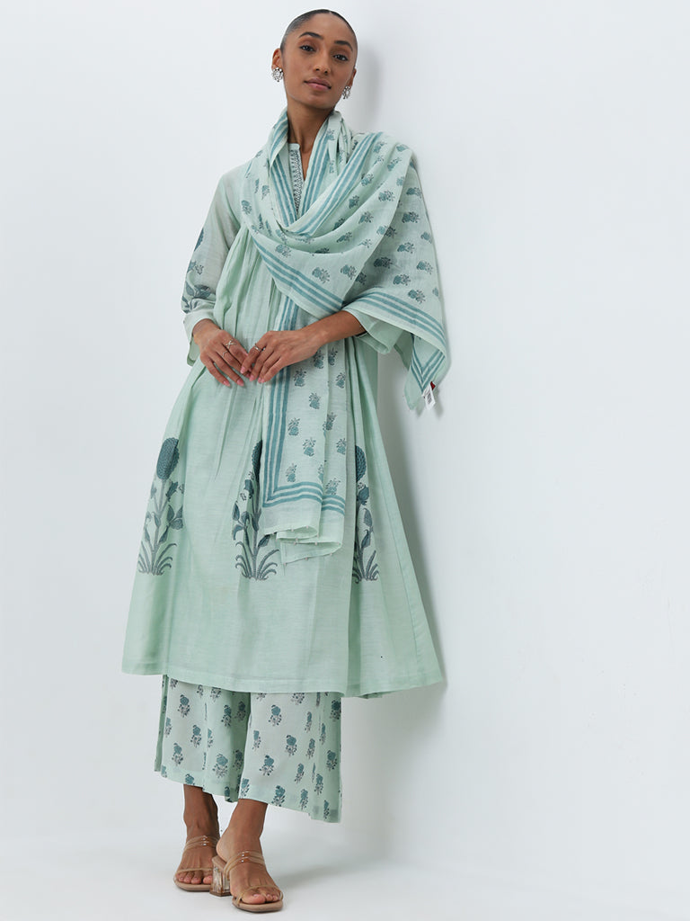 Zuba Sea Green Floral Printed Silk-Blend Stole