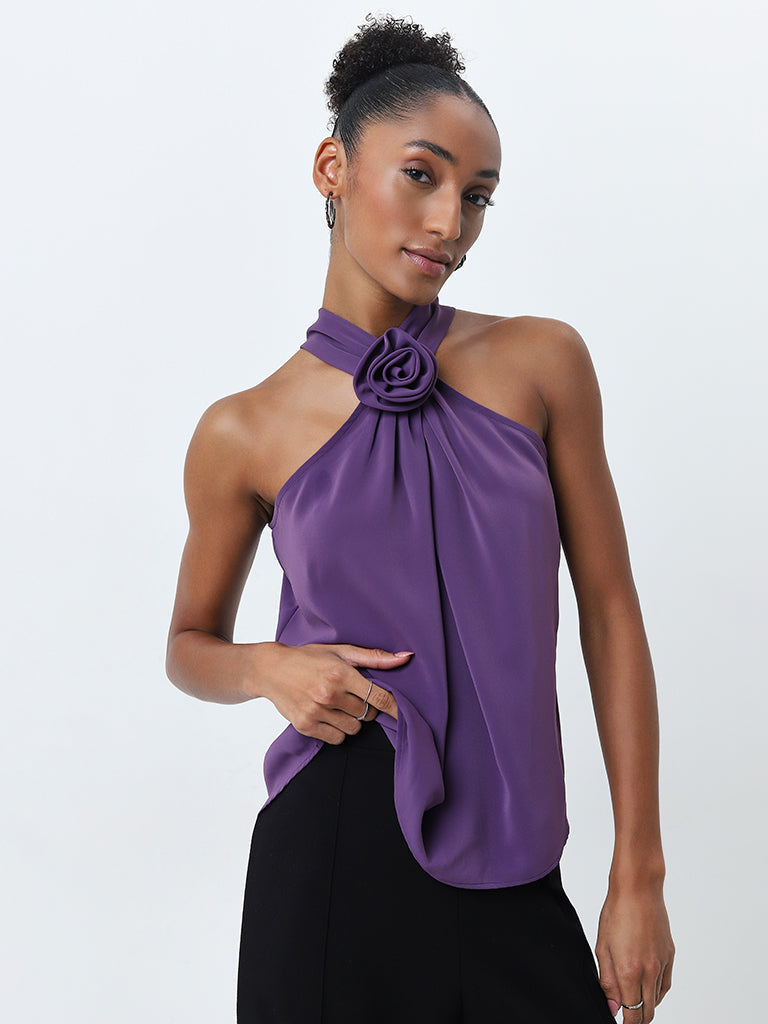 Wardrobe Purple Rosette Detailed Halter-Neck Top