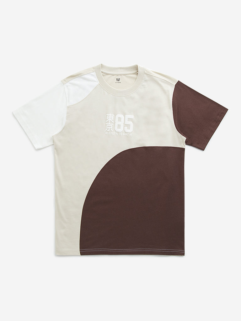 Y&F Kids Beige Colour-Blocked Design Cotton T-Shirt