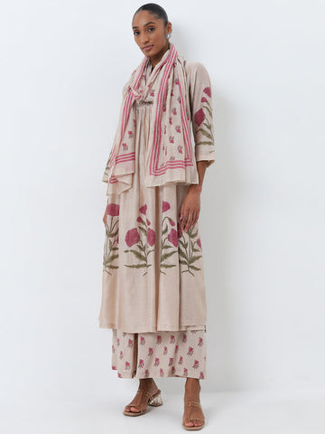 Zuba Beige Floral Printed High-Rise Palazzos