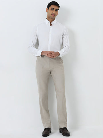 WES Formals Beige Mid-Rise Slim-Fit Trousers