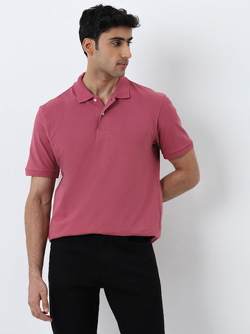 WES Casuals Rose Pink Relaxed-Fit Cotton Blend Polo T-Shirt