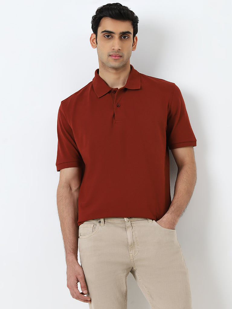 WES Casuals Rust Relaxed-Fit Cotton Blend Polo T-Shirt