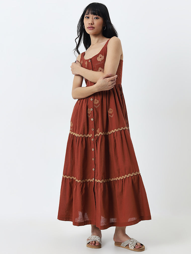 Bombay Paisley Dark Brown Embroidered Tiered Cotton Dress