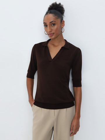 Wardrobe Dark Brown Knit-Textured Top