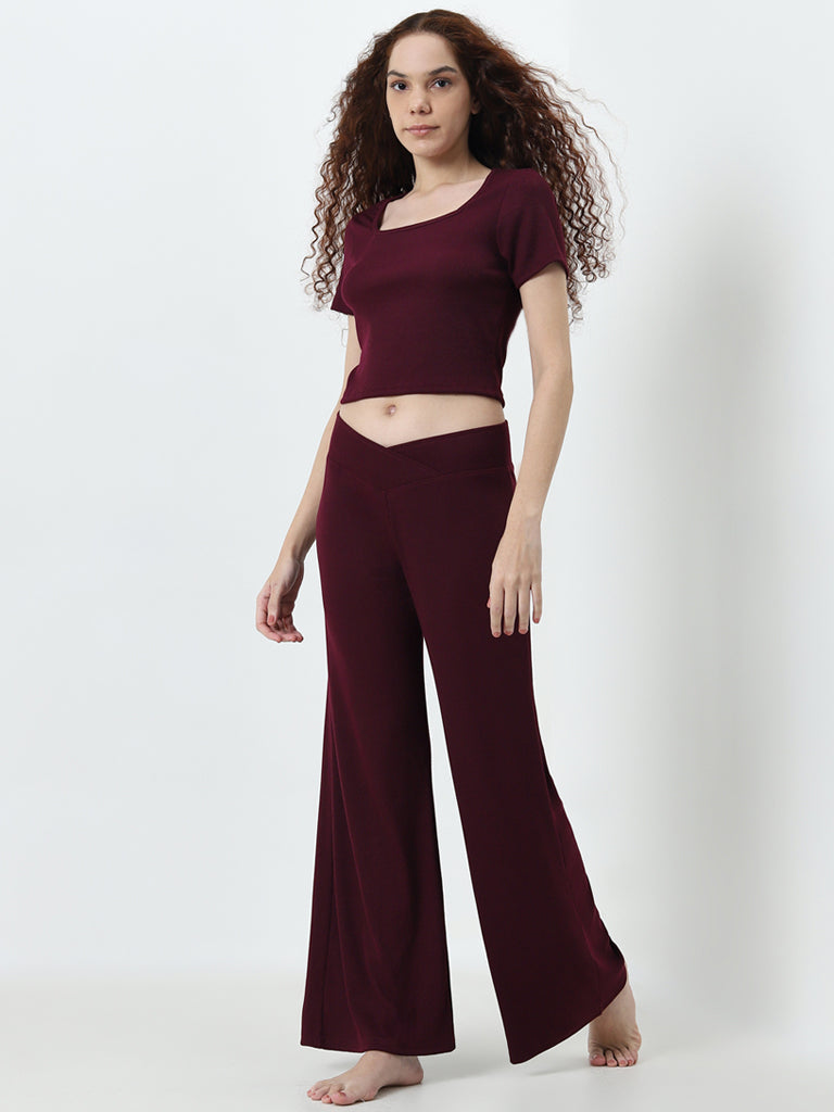 Superstar Burgundy Ribbed Textured Mid-Rise Pants