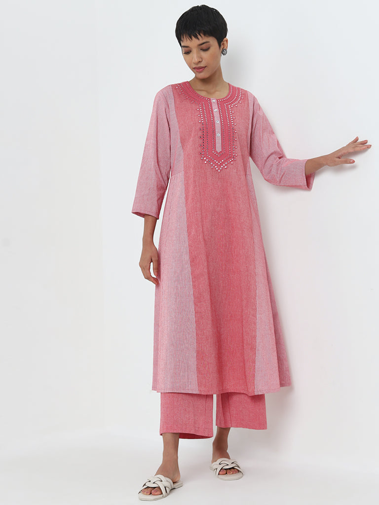 Utsa Light Pink Mirror-Work A-Line Cotton Kurta