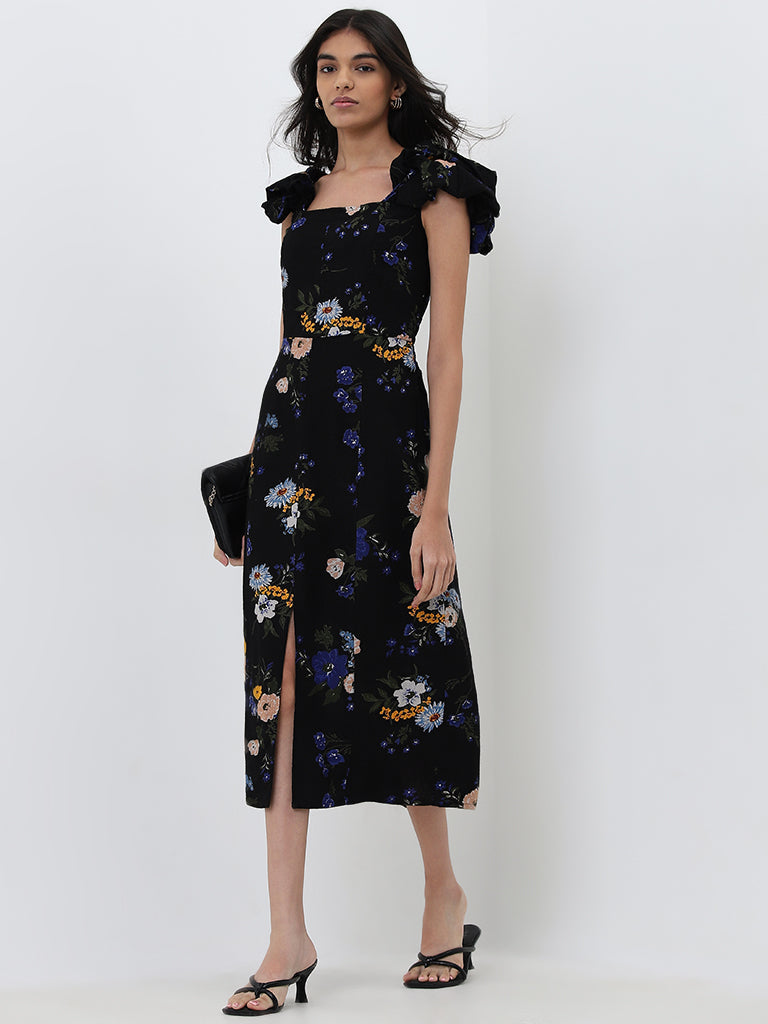 LOV Black Floral Patterned A-Line Dress