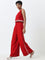 LOV Red Embroidered Blended Linen Jumpsuit