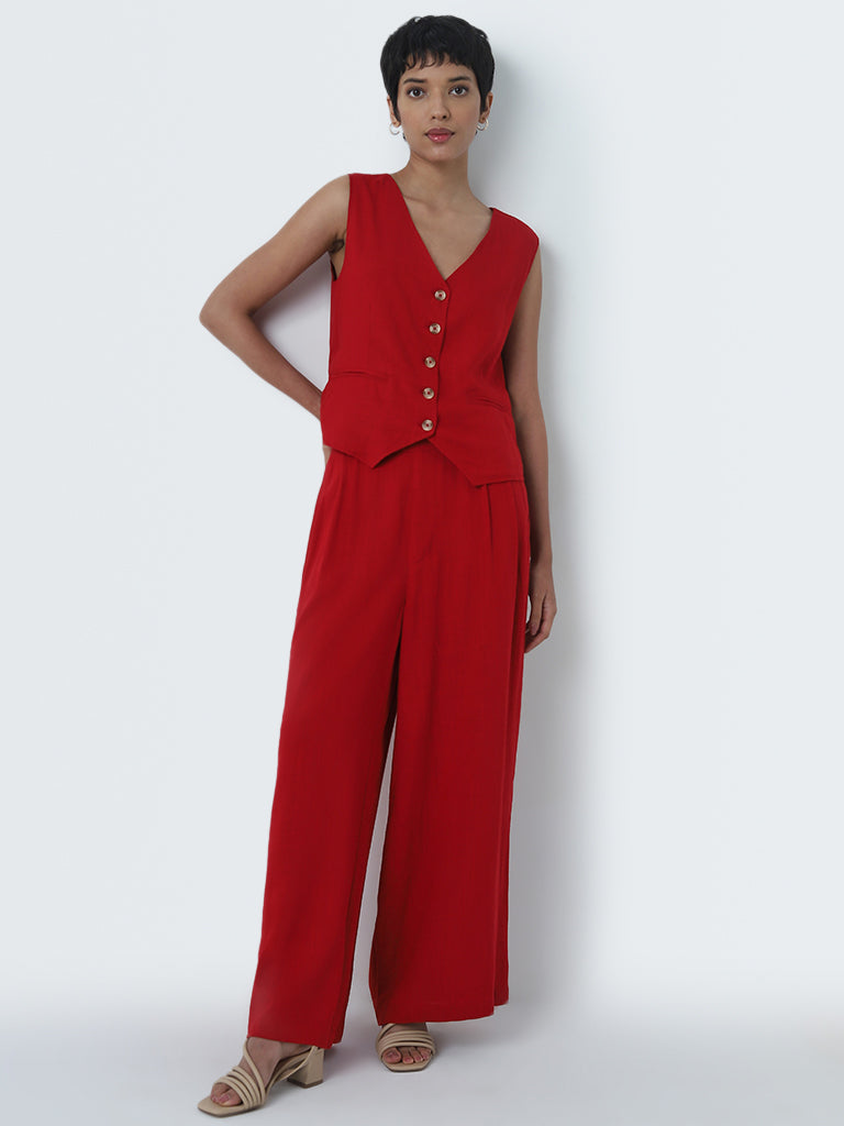 LOV Red High-Rise Blended Linen Trousers