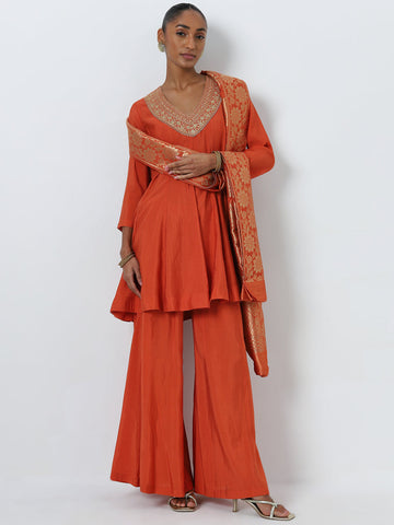 Vark Orange Embellished Kurti, Palazzos and Dupatta Set