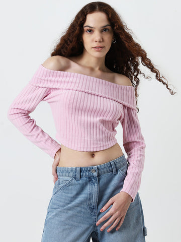 Nuon Pink Ribbed Textured Off-Shoulder Top