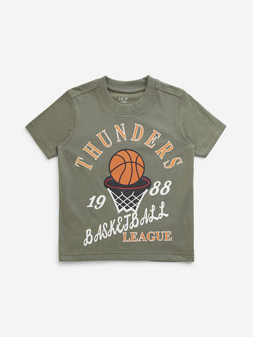 HOP Kids Olive Basketball Printed Cotton T-Shirt