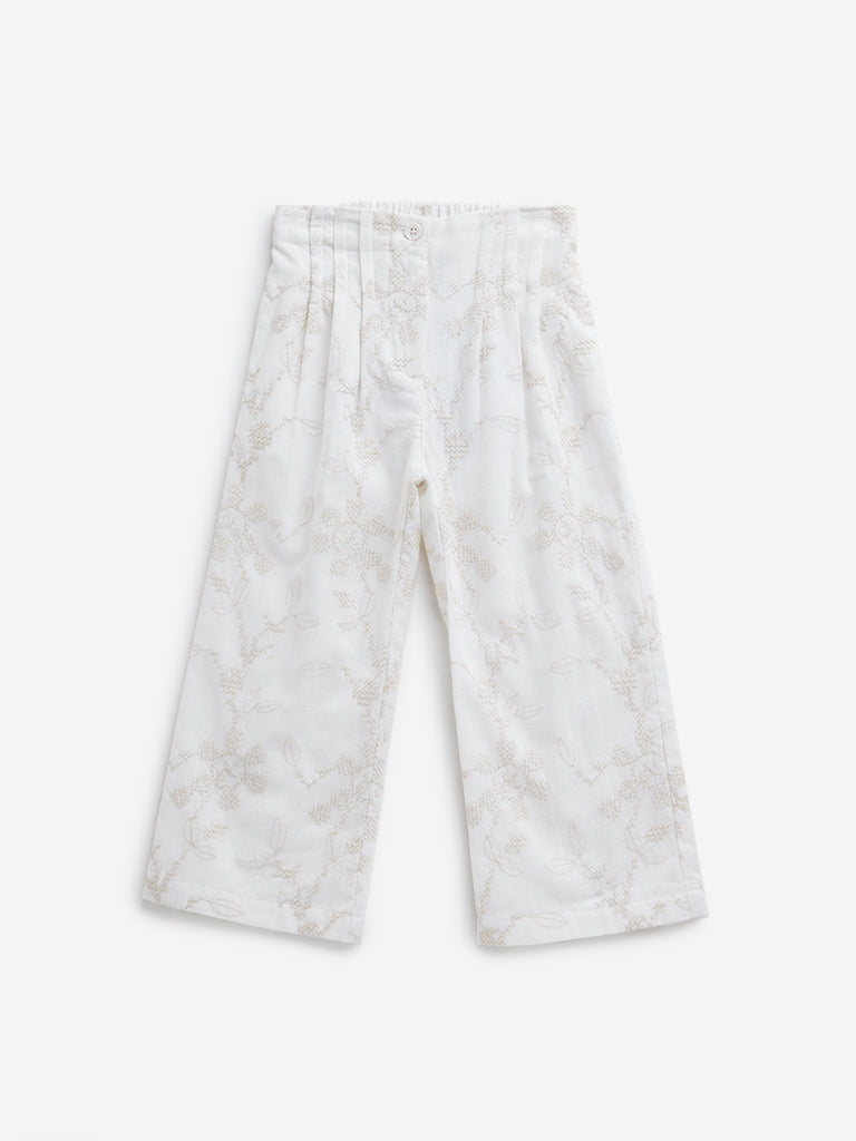 HOP Kids Off-White Leaf Embroidered High-Rise Cotton Blend Pants