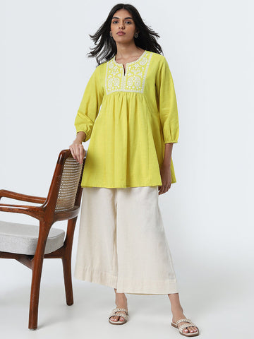 Utsa Lime Paisley Embroidered A-Line Cotton Kurti