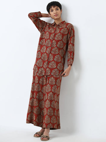 Utsa Dusty Red Foliage Printed Ethnic Tunic