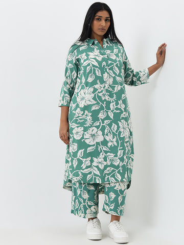 Diza Green Floral Pattern A-Line Cotton Kurta