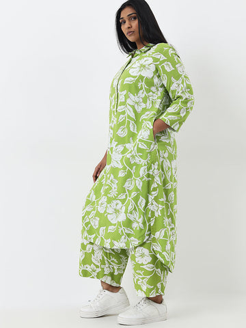 Diza Green Floral Patterned A-Line Cotton Kurta