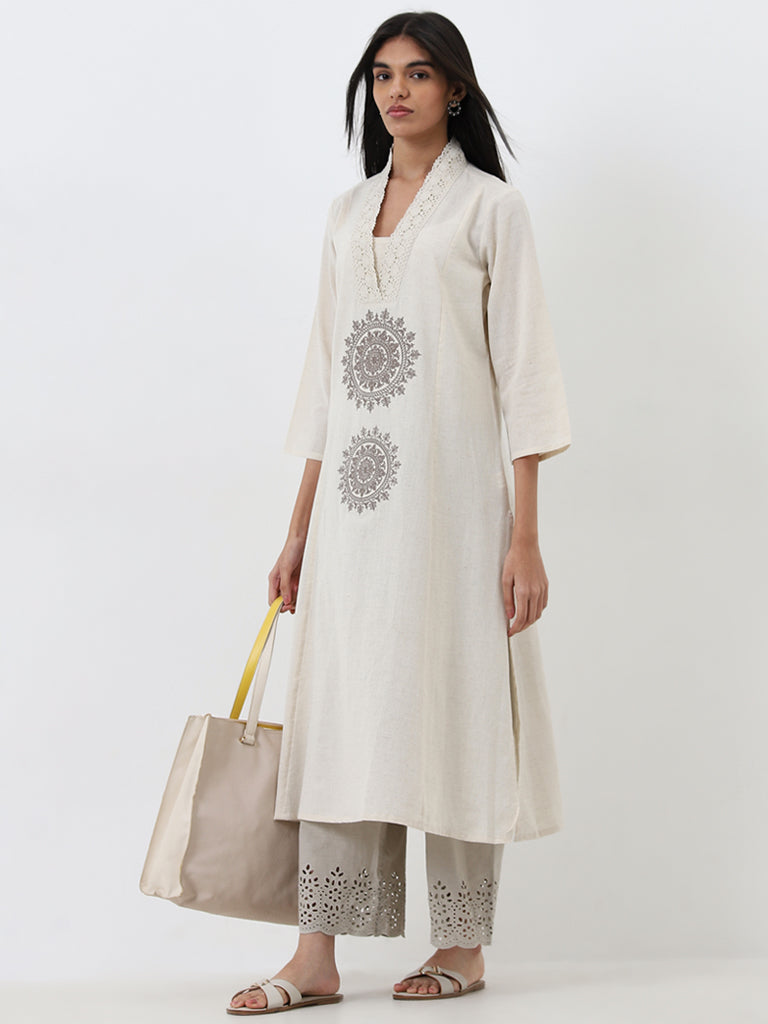 Utsa Light Beige Embroidered A-Line Cotton Blend Kurta