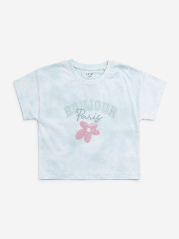 HOP Kids Light Blue Floral Printed Cotton T-Shirt